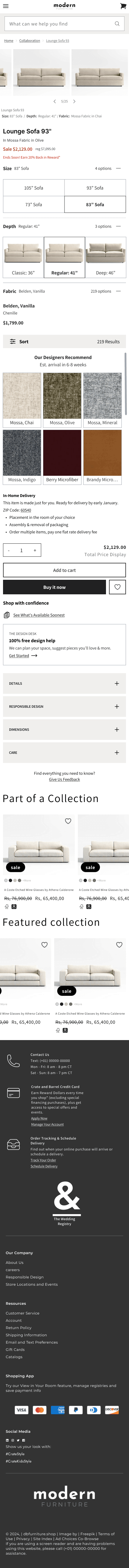 The same Lounge Sofa product page on mobile: size and depth selectors, fabric swatches, ZIP-code delivery block, Design Desk card, and expandable spec tabs in a touch-first layout.