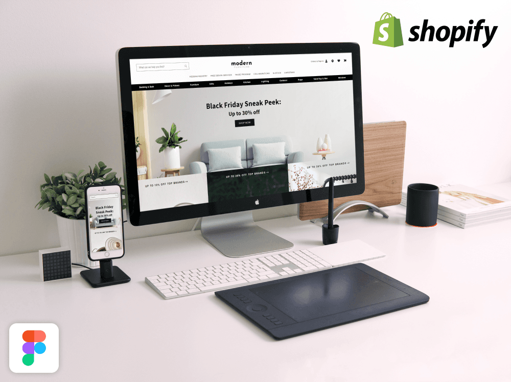Modern Furniture Shopify storefront design shown on desktop and mobile: Black Friday campaign hero with tiered brand discounts, and a mega menu spanning bedding, decor, furniture, kitchen, lighting, outdoor, rugs, and more, plus wedding registry and trade program links.
