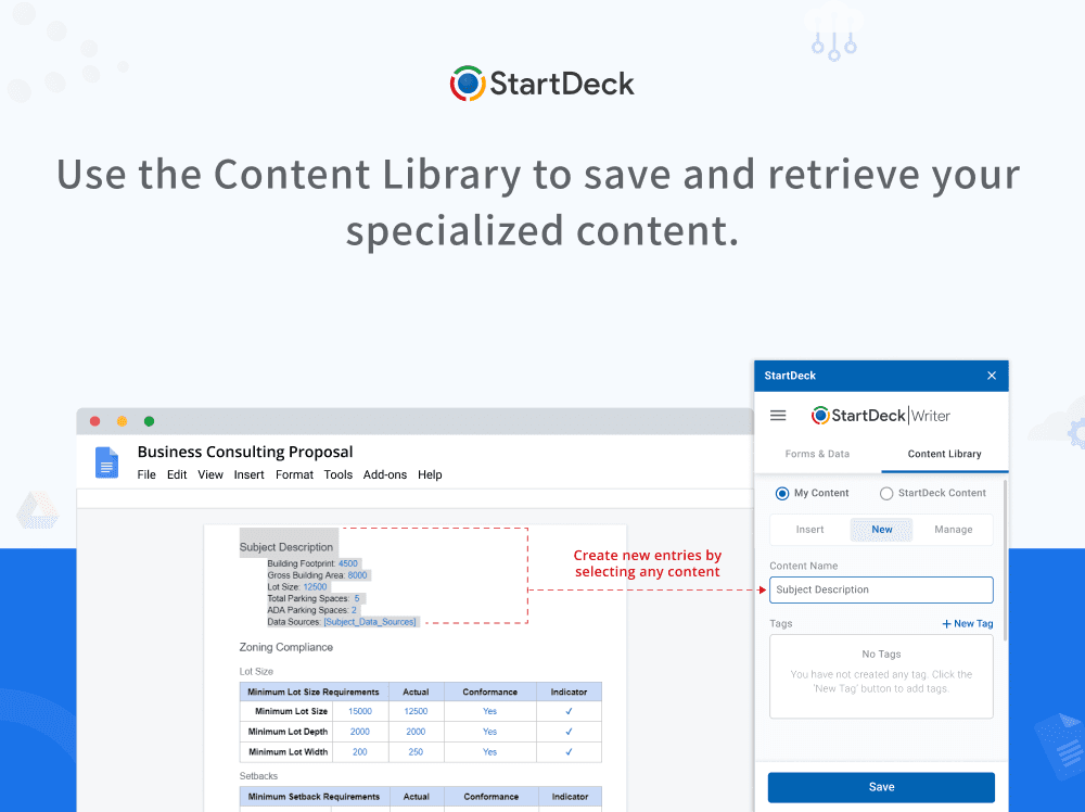 StartDeck Writer's Content Library tab saving a selected Subject Description block as a reusable, taggable content entry.