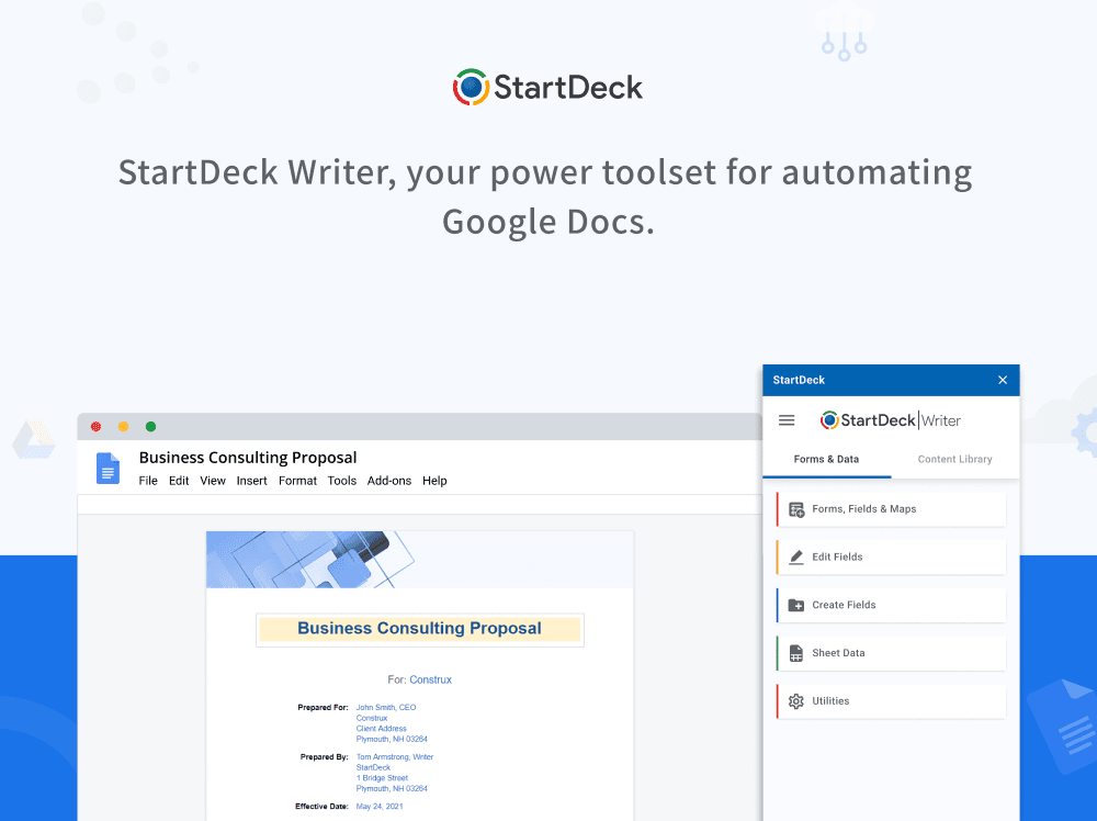 StartDeck Writer sidebar add-on open in Google Docs beside a Business Consulting Proposal, showing Forms & Data tools: Forms, Fields & Maps, Edit Fields, Create Fields, Sheet Data, and Utilities.