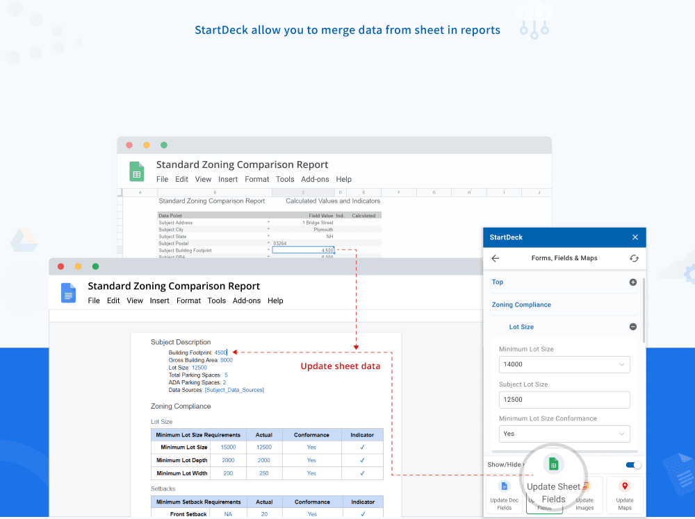 StartDeck Writer merging data from a Google Sheet into a Standard Zoning Comparison Report, with sheet values updating zoning-compliance tables in the document.