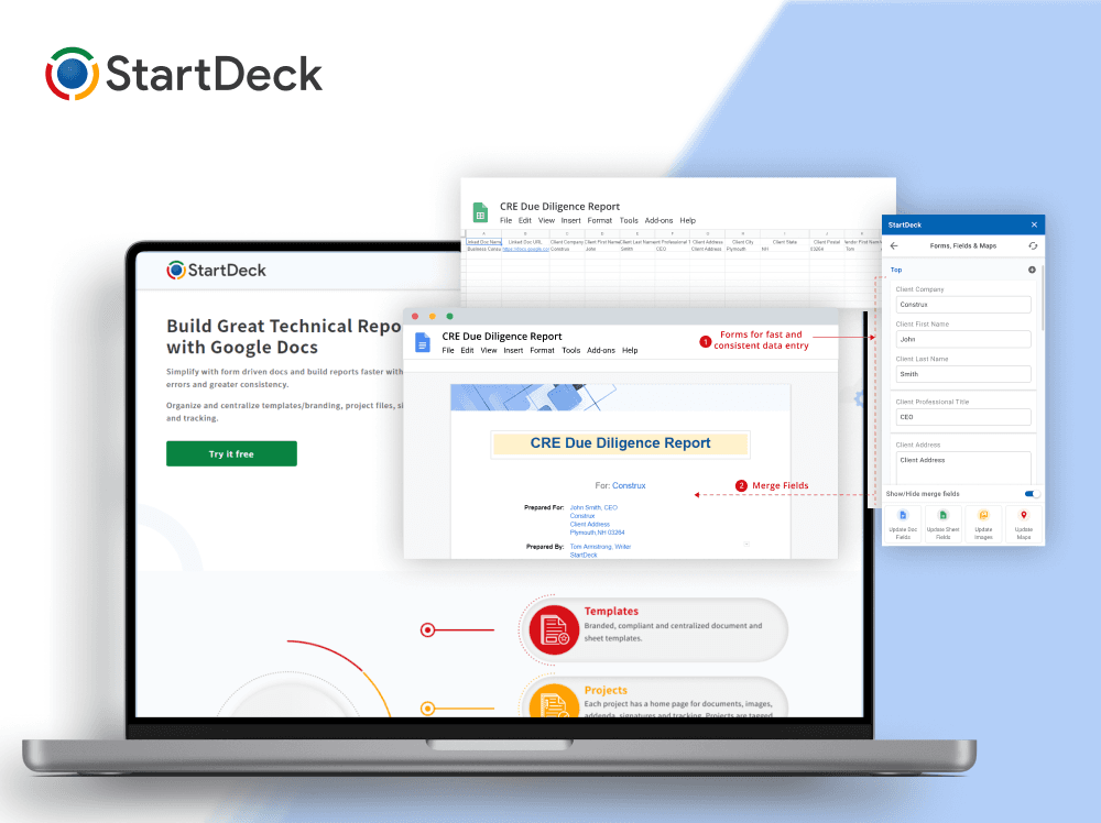 StartDeck product screens: the marketing site on a laptop, a CRE Due Diligence Report template being populated in Google Docs with merge fields, and the StartDeck sidebar add-on managing forms, fields, and maps.